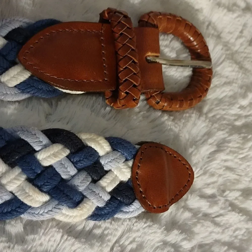 Blue & White Braided Belt With Leather Trim